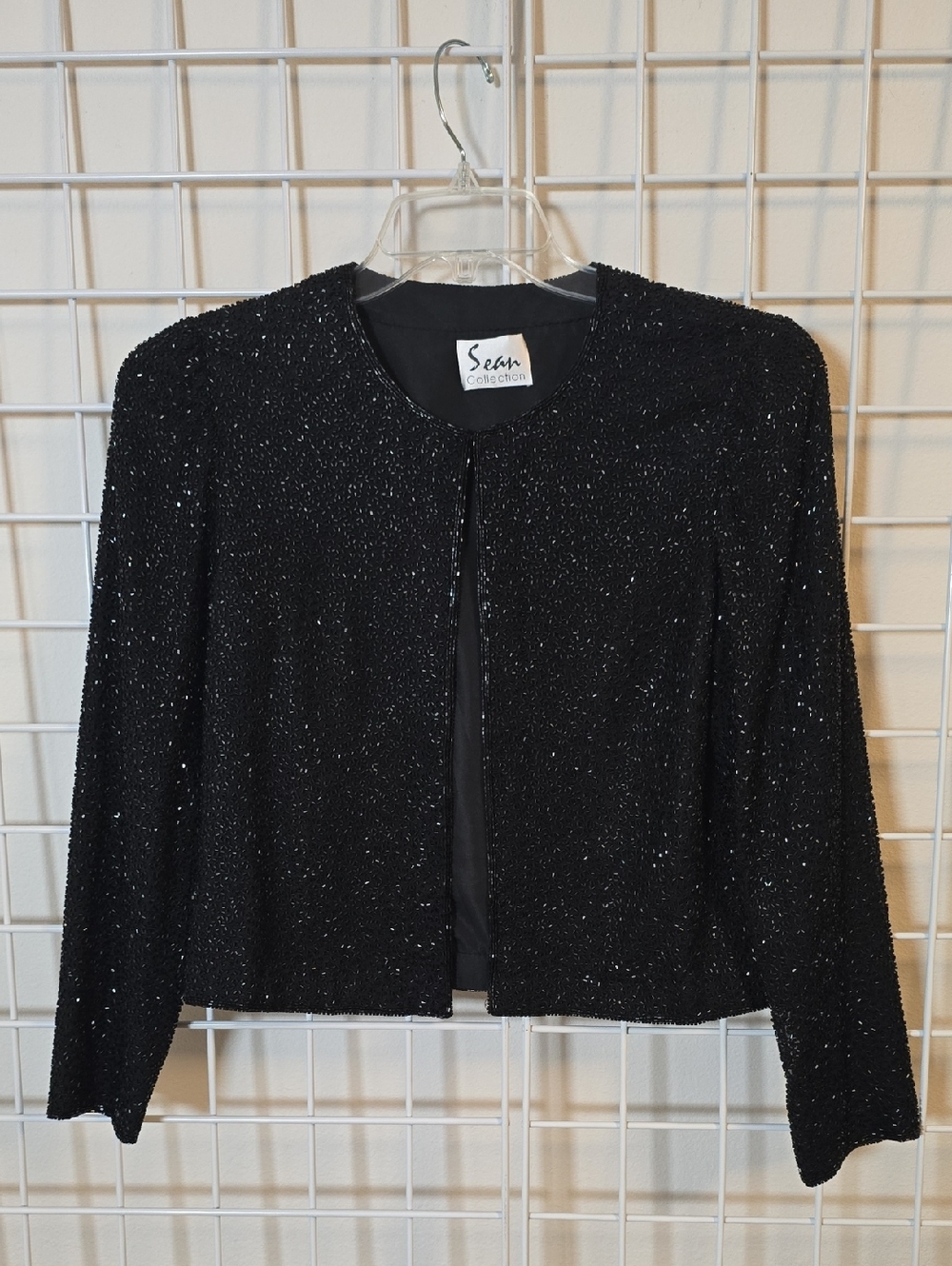Sean Collection Black Silk Beaded Sparkle Open-Front Cropped Blazer Size Medium